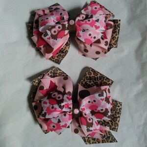 Handmade Boutique Pink And Brown Owl Stacked Hair Bows
